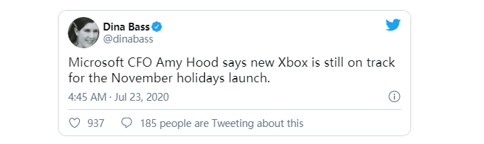 微软首席财务官艾米·胡德（Amy Hood）建议在11月发布Xbox Series X