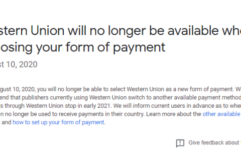 Google Adsense您将无法选择西联汇款作为新的付款方式