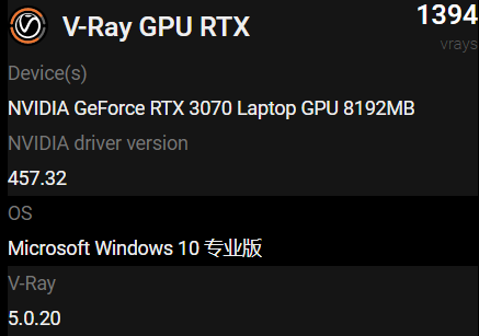 NVIDIA GeForce RTX 3070移动V-Ray RTX基准测试泄漏