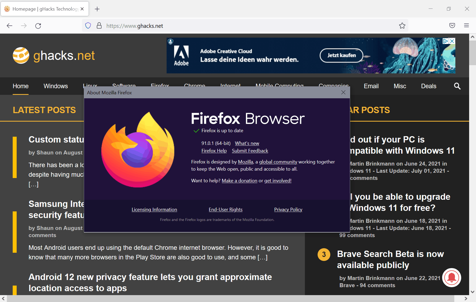 Firefox 91.0.1 修复稳定性和安全问题