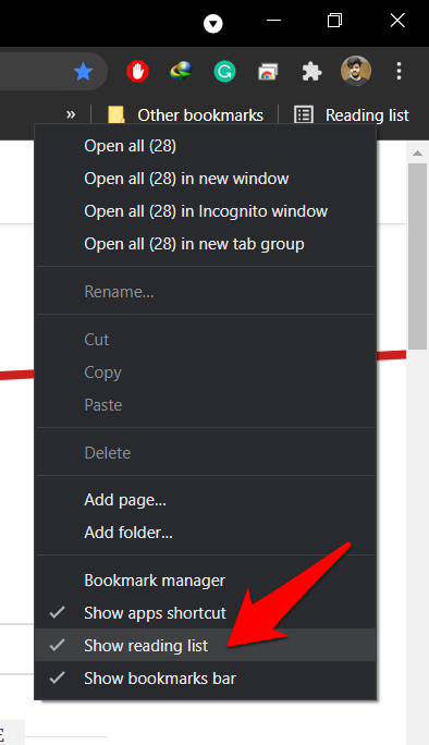 Context-menu-with-show-reading-list-option-enabled-on-bookmark-bar