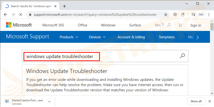 DEVICE-TRICKS-Windows-support-page-and-search-for-Windows-Update-troubleshooter-in-Windows-10