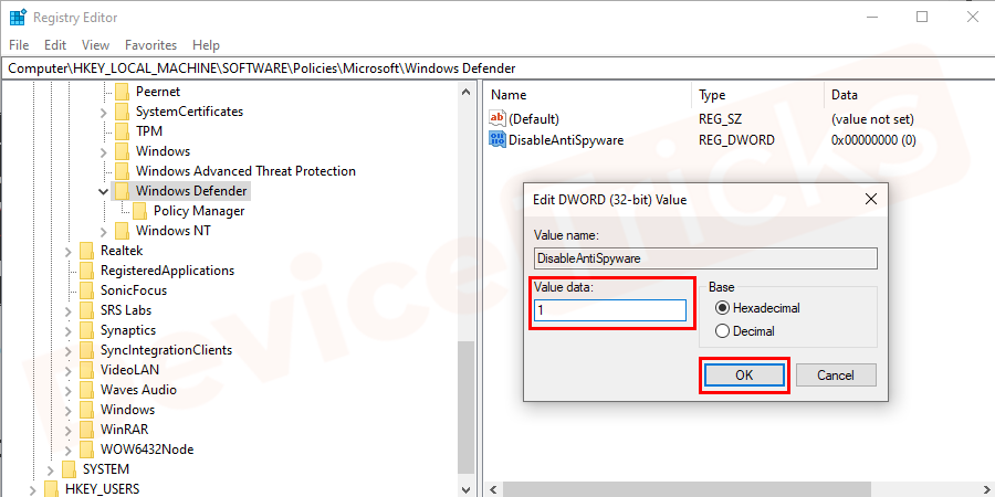 HKEY_LOCAL_MACHINE-Windows-Defender-folder-New-DWORD-DisableAntiSpyware-Value-Data-1