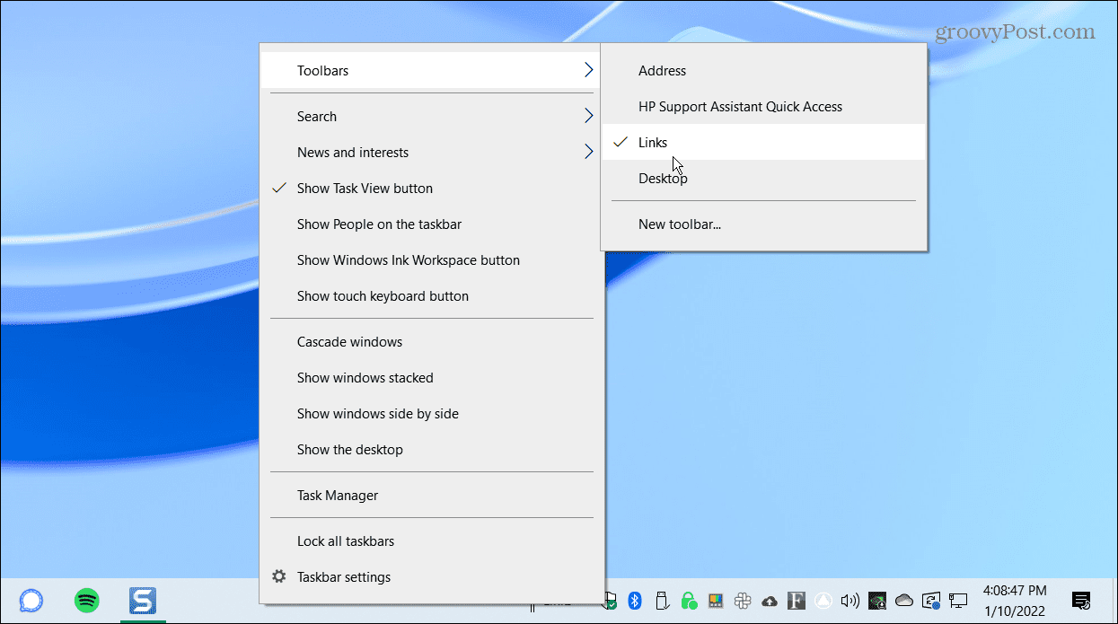 2-Toolbars-Links-center-the-windows-10-taskbar