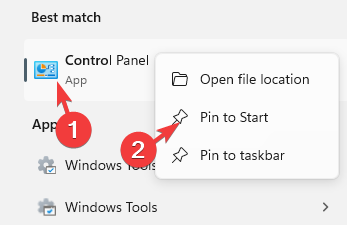 Best-match-Contro-Panel-right-click-Pin-to-Start