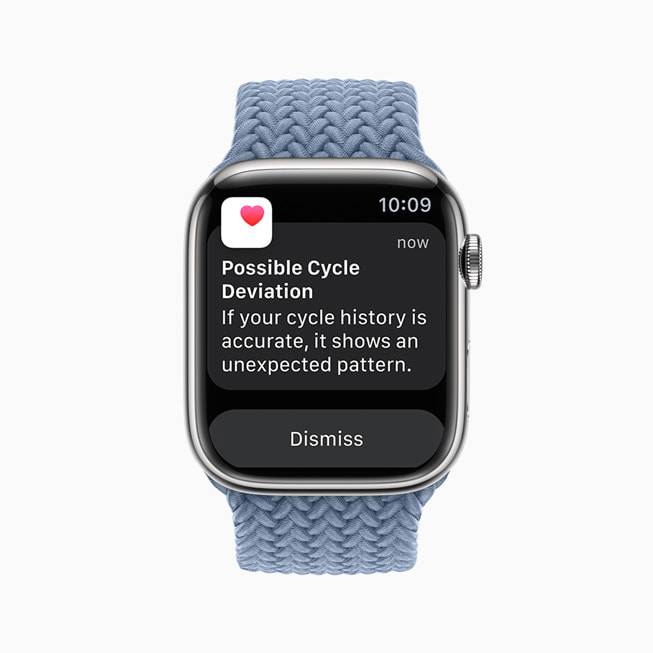 Apple-Watch-Series-8-on-white-background-with-Possible-Cycle-Deviation-alert-on-screen