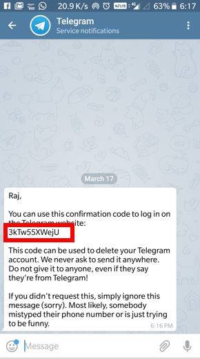 Telegram-account-deletion-confiormation-code-on-mobile-app