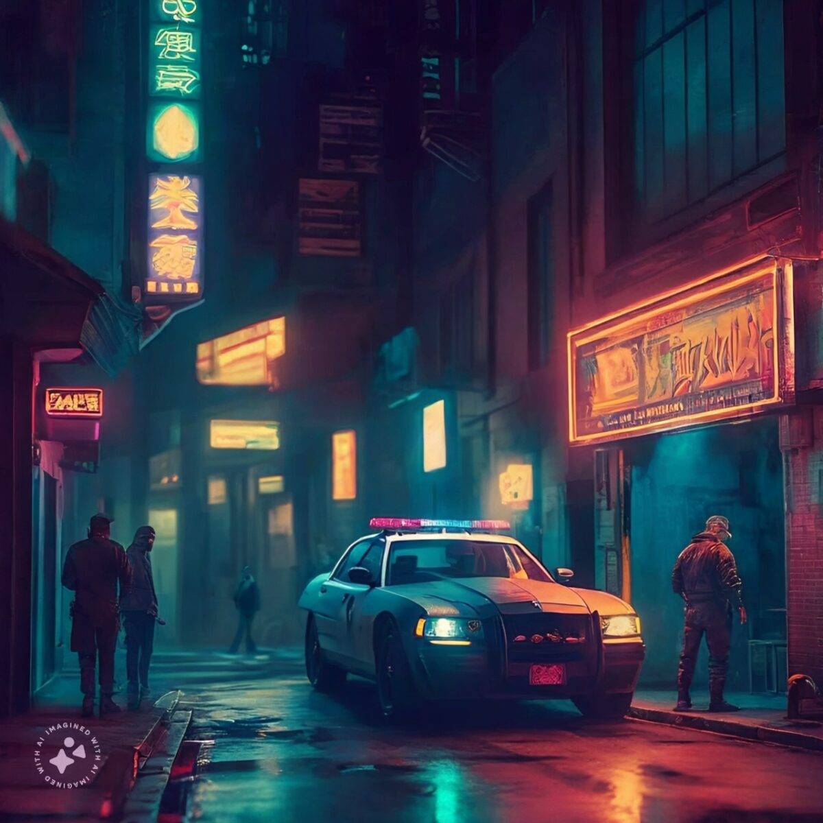 A-shady-backalley-in-a-cyberpunk-setting-with-neon-lights-advertisement-some-people-hanging-out-and-a-futuristic-police-car-on-the-street-scaled-1